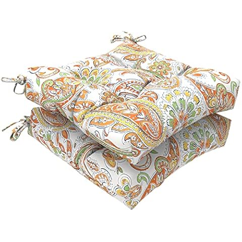 LVTXIII Indoor/Outdoor Square Tufted Wicker Seat Cushions Pack of 2, Patio Decorative Thick Chair Pads Seat Cushions Set for Patio Garden Home, 19”x19”x5”, Orange Paisley Cover