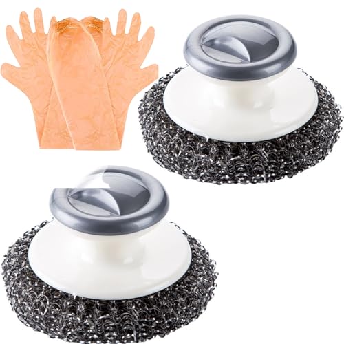 Image of Steel Wool Scrubber with Handle Stainless Steel Scrubber for Dishes Metal Scrubbers for Cleaning Dishes Steel Wool Pads with 2 Pack Long Gloves for Kitchen Pots, Sink