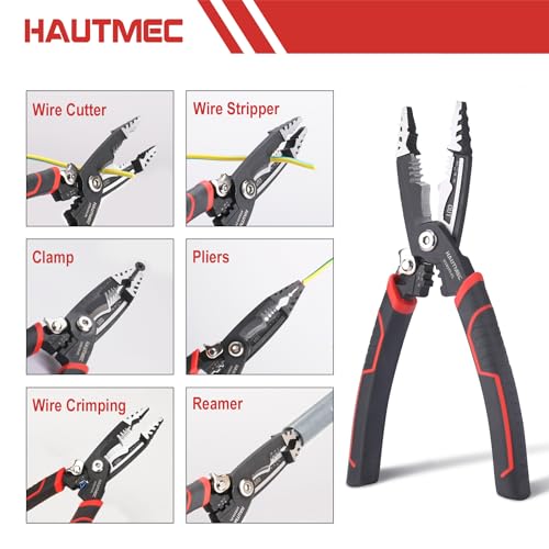 Image of HAUTMEC 7-in-1 Wire Stripper Cutters Tool, 8 inch Wire Strippers, Electrical, Wire Cable Stripper and Crimping Tool, Multifunctional Pliers