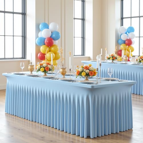 Image of 3 Packs Baby Blue Spandex Tablecloths for 8 Foot Rectangle Tables, Stretchy Fitted 8FT Blue Table Skirt for Wedding Party, Wrinkle Free Tablecloths for Banquet Wedding Birthday Party