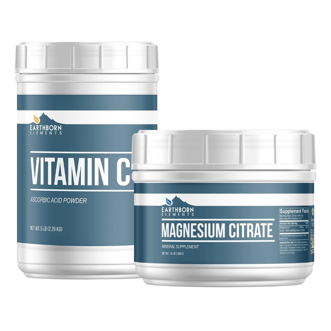 Earthborn Elements Vitamin C Powder and Magnesium Citrate Bundle, Various Sizes, Dietary Supplement, No Additives or Fillers