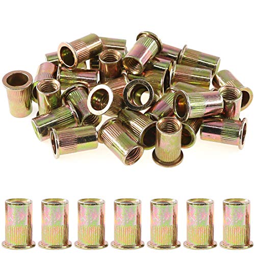 Rustark 50-Pcs 1/2''-13UNC Mixed Zinc Plated Carbon Steel Rivet Nut Flat Head Insert Nutsert Assortment Kit