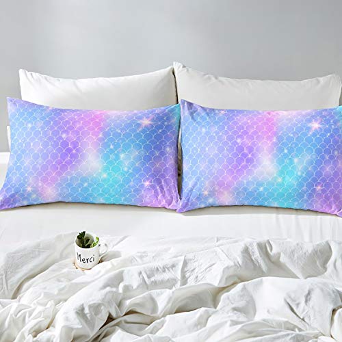Loussiesd Mermaid Scale Sheet Set King Size Kids Fish Scales Bedding Set Princess Style Glitter Ocean Marine Bed Sheet Set for Girls Children Teens Sheets Luxury Fanstry 4 Piece - Image 3
