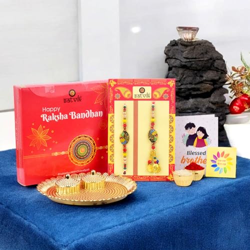 SATVIK Couple Rakhi: Bhaiya Bhabhi Rakhi Set with Kumkum Holder Thali, Roli Chawal, Greeting Card, and Soun Stickers - Celebrate Raksha Bandhan with Elegance and Tradition3