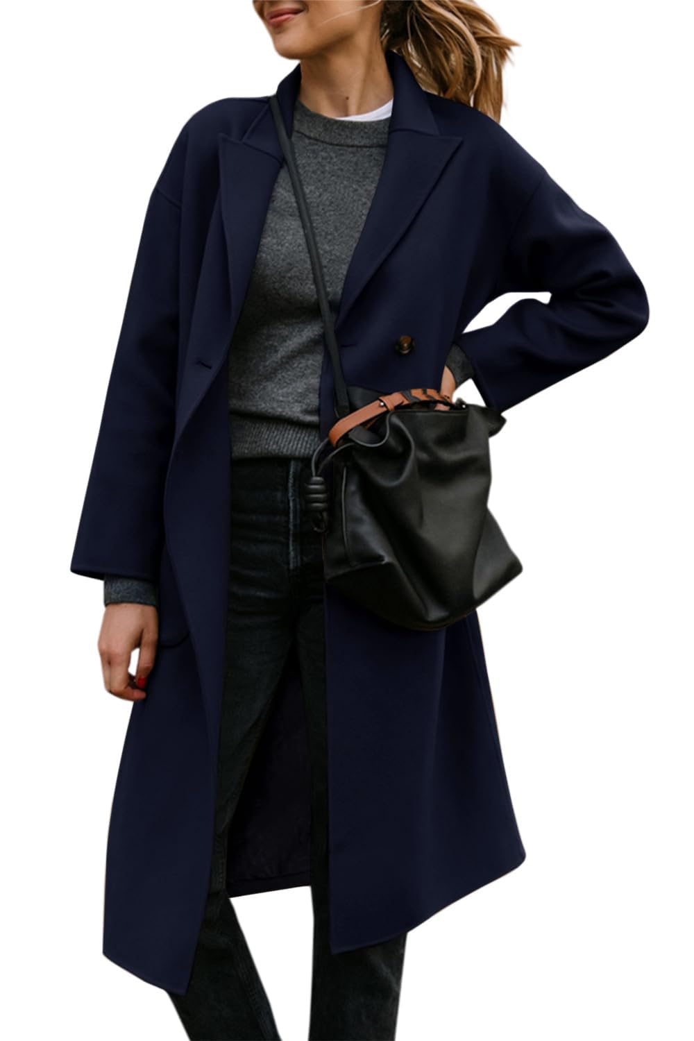 FSHAOES Womens Lapel Peacoat Winter Double-Breasted Outerwear Mid Long Jacket Casual Trench Coat