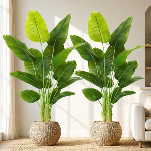 Image of Lifelike Bird of Paradise Artificial Plant,6ft Faux Banana Leaf Tree with 13 Trunks - Perfect Indoor Silk Floor Plant for Home Decor in Living Room, Office, and Bedroom(Set of 2)