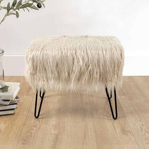 Home Soft Things Mongolian Faux Fur Ottoman Oatmeal 19 x 13 x 17 Cozy Plush Fluffy Ottoman Foot Rest Stool for Living Room Bedroom Entryway Makeup Bench End of Bed Home Dcor