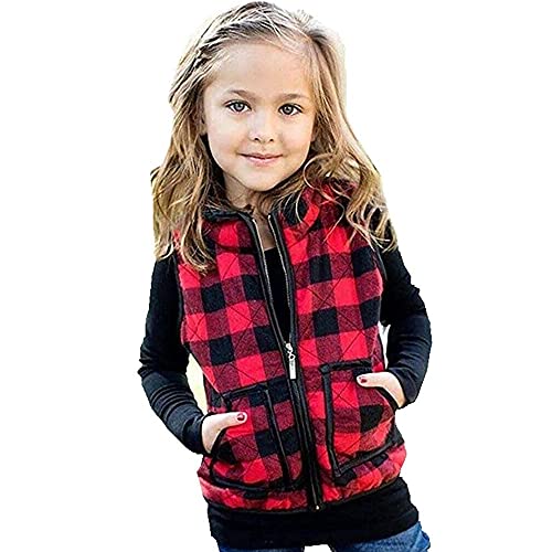 XFGLCK Toddler Kids Baby Girls Vest Coat Plaid Zipper Jacket Christmas Outfits Sleeveless Fall Winter Outwear with Pocket