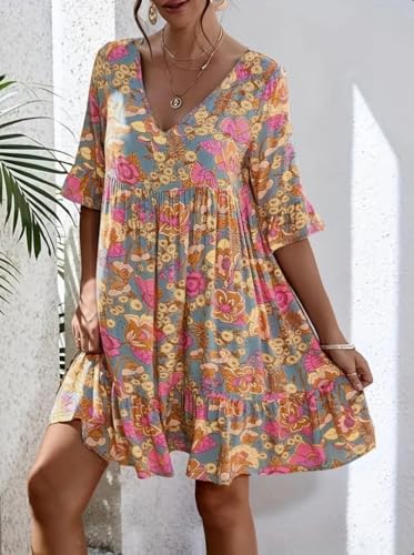 Floral Print Summer Dress, V-Neck, Empire Waist, 3/4 Bell Sleeves, Pink and Blue Floral Pattern, Loose Fit2