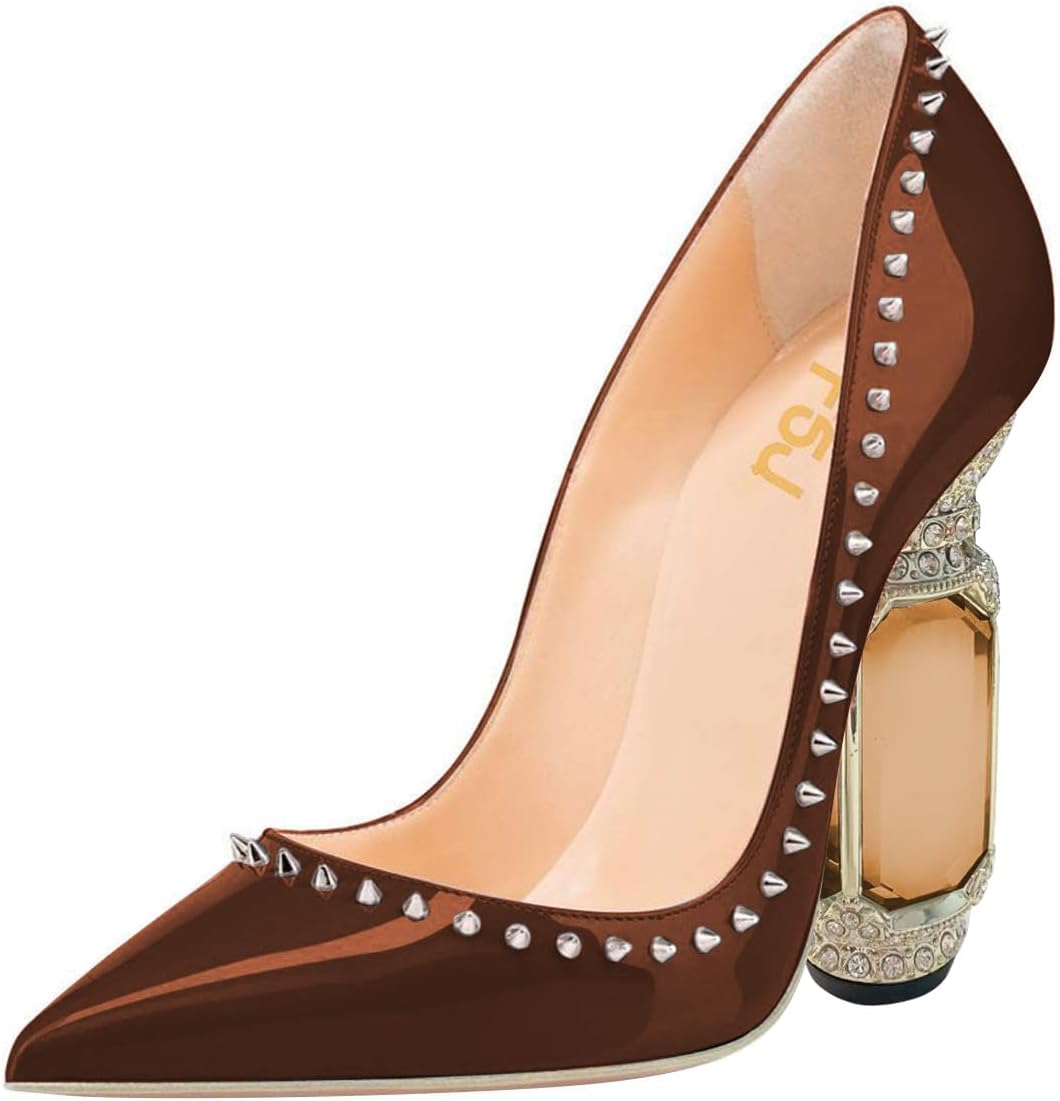 FSJ Women Bridal Pointed Toe Chunky Block High Heel Crystal Pumps Slip on Wedding Thick Comfort Evening Dress Studded Rivets Shoes