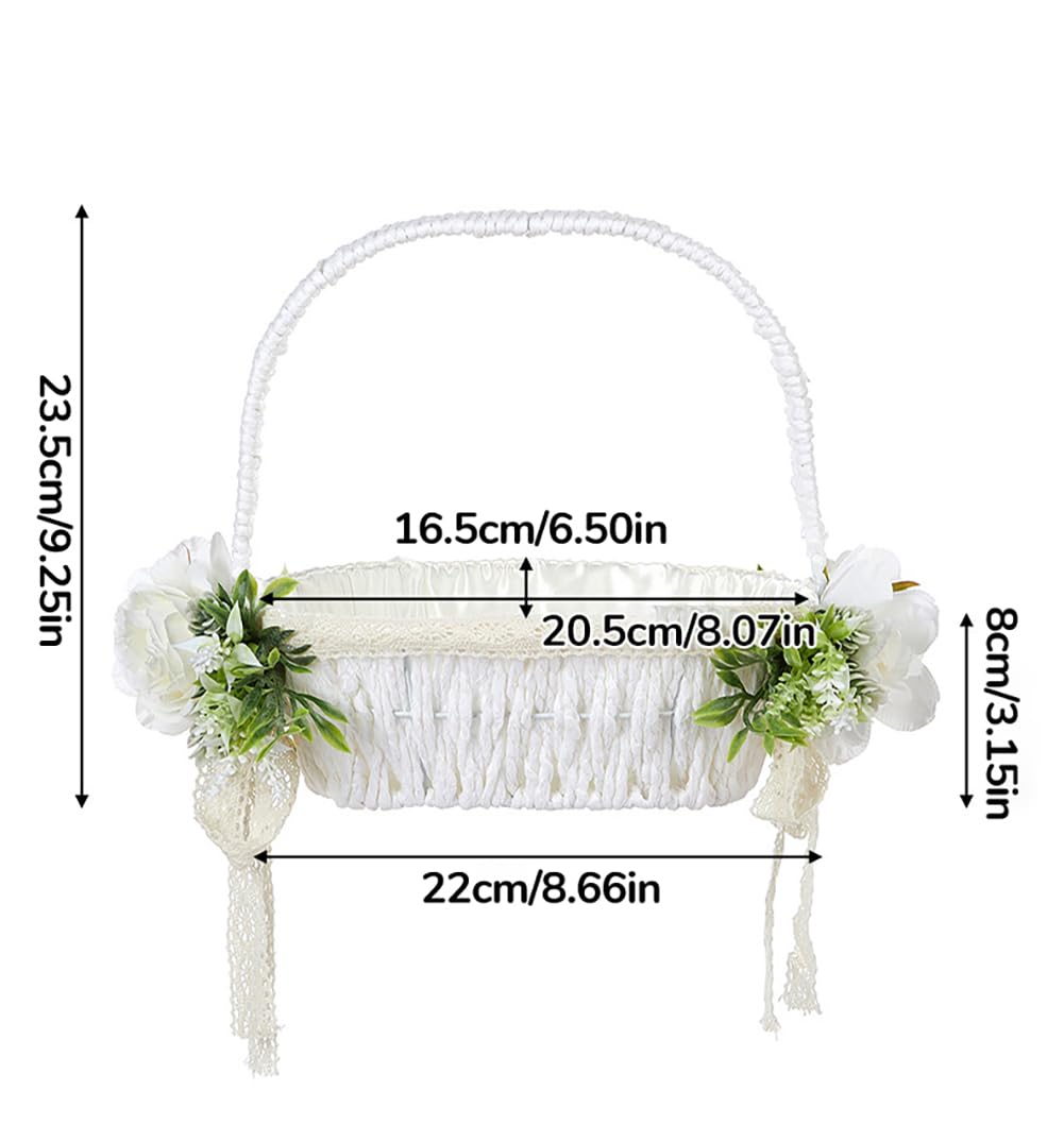 Large Flower Girl Baskets for Weddings, Lace White Flower Trim and Greenery Adornments Wedding Basket with Foldable Handle