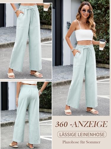 HAPYWER Leinenhose Damen Weites Bein Sommerhose Leichte Strandhose Palazzo Hose Lang Stoffhose High Waist mit Gummizug Palazzo Strandhose mit Taschen(HellGrün,XL)