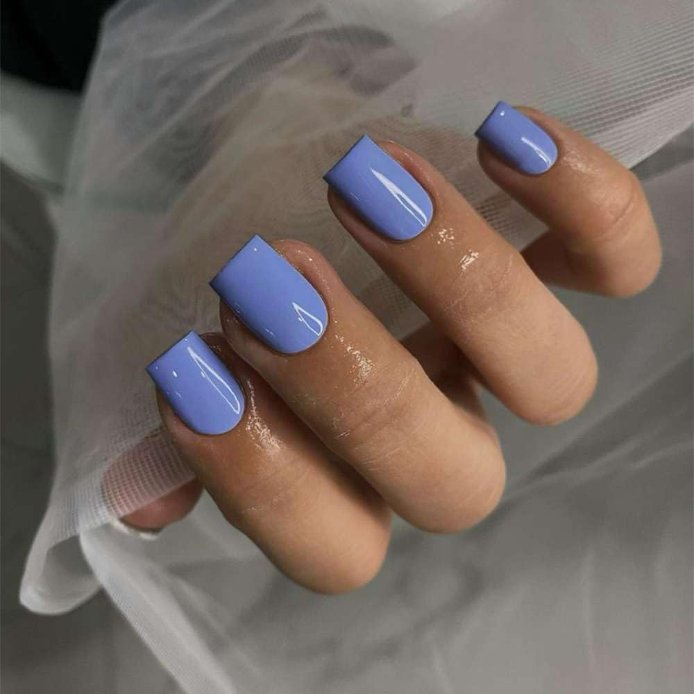 SXVME Blue Press on Nails Short Square Acrylic Short False Nails Coffin Natural Acrylic Fake Nails Set Elegant Solid Color Full Cover Glossy Gel Stick on Nail for Women Daily Wear 24 Pcs - Image 3