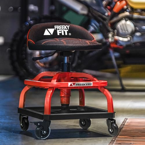 Image of Rolling Shop Stool with Wheels, Garage Work Mechanic Stool with Backrest, Roller Mechanic Chair, Adjustable Height, 360 Swivel, Tool Tray Storage, 330 LBS Capacity, Heavy Duty, Red