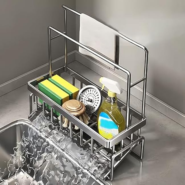 Sponge Holder for Kitchen Sink, Sink Caddy with Towel Rack, Sponge Holder and Soap Dispenser Stand, Kitchen Countertop Accessories (Gray)