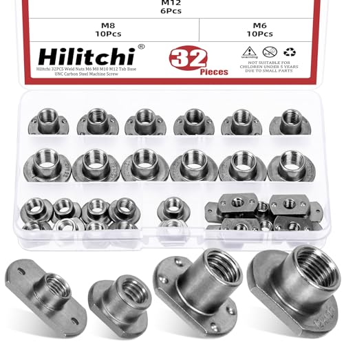 Hilitchi 32Pcs T-Shaped Weld Nuts - M6 M8 M10 M12 Tab Base UNC Carbon Steel Machine Screw With 2 and 4 Projection Base for Furniture, Vehicles, Caster and Industry Machine