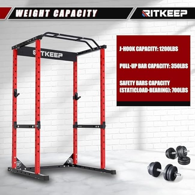 RitKeep Power Rack RMAX 2250 Multi-Function Power Cage for Strength Training - 1200lb Capacity Squat Rack with Multi-Grip Pull-Up Bar, Safety Bars, and J-Hook for Home Gym