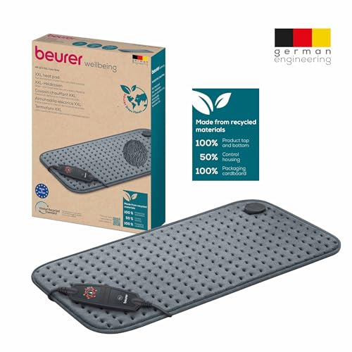 Beurer HK 123 Heizkissen, Made in Europe, Ober- und Unterseite aus 100% recyceltem Material, kuschelig weich, 60 x 30 cm, 6 Temperaturstufen und Abschaltautomatik, maschinenwaschbar, grau