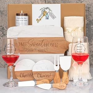 House Warming Gifts New Home – Marble & Acacia Wood Cheese Board, 4 Cheese Knives, Candle, 2 Wine Glasses, 2 Coasters, Greeting Card – Home Sweet Home Gift for Couples, Friends, New Homeowners