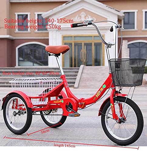 Triciclo plegable para adultos, triciclo de paseo con ruedas de 16 pulgadas, velocidad única, cesta trasera grande, color rojo miniatura 2