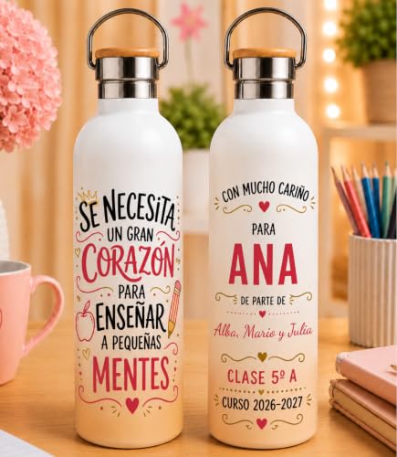 El Detallito Regalo Original para Profesora y Maestra Botella Térmica Personalizada 500 ml Acero Inox Detalle Fin de Curso Profesores SE NECESITA UN GRAN CORAZON PARA ENSEÑAR A PEQUEÑAS MENTES FUERTE