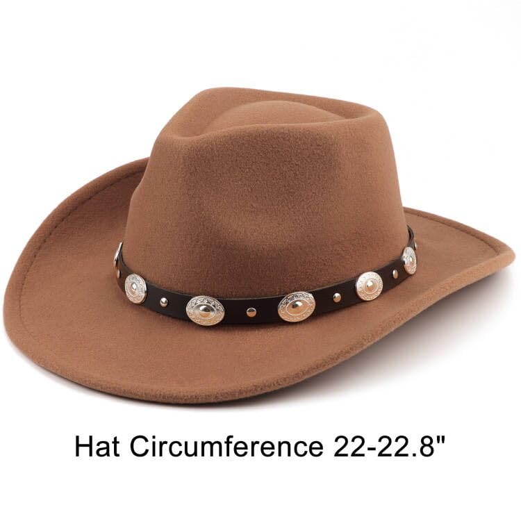 Image of DRESHOW Women Men Classic Felt Wide Brim Western Cowboy & Cowgirl Cap Belt Buckle Retro Panama Hat Unisex Rolled up Caps
