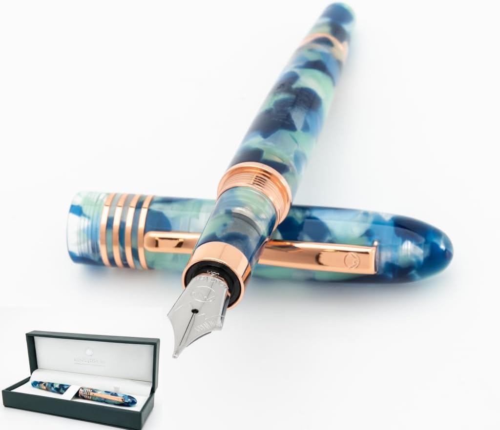 Monteverde USA Blue Mountain Fountain Pen, Flex JoWo Nib, Blue Acrylic Resin, Polished Chrome Trim, Luxury Gift Box Included