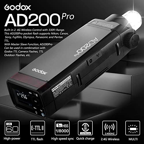 Image of Godox AD200 Pro Flash Strobe, 200Ws Portable Strobe Flash with Godox XPro-S Wireless Flash Trigger for Sony, TTL 1 /8000s HSS Monolight, 2980mAh Li-ion Battery, 500 Full Power Flashes,0.01-1.8s Recycle