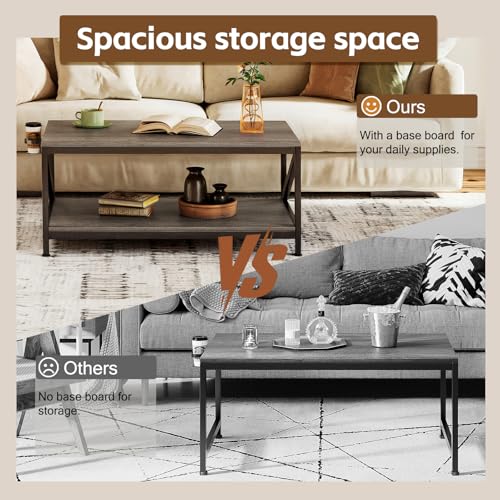 COTUBLR Coffee Table, 2 Tiers Center Table with Storage Shelf, Table de Salon for Living Room, Bedroom, Office, Industrial Wooden Tabletop and Metal Frame, Grey Oak - Image 5