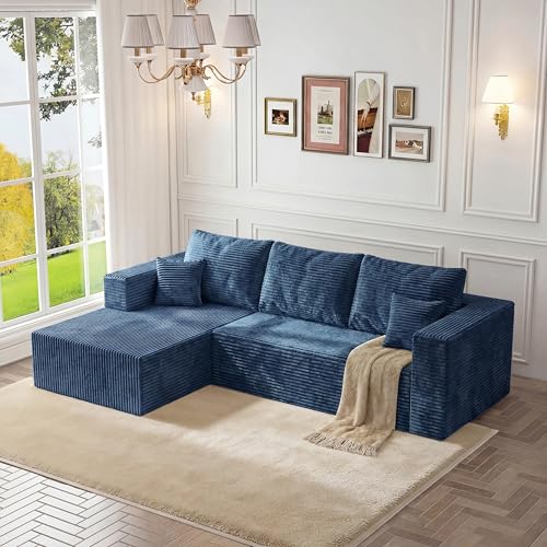 Image of 92.5 inch Modualr Sectional Sofa, L-Shape Corduroy Sectional Cloud Couch with Chaise, Upholstered Memory Foam Boneless Couch for Living Room, No Need Assembly - Blue(Left Facing Chaise)