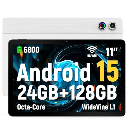 Laptok Tablet, Android 15 Tablet 11 Zoll, 24 GB RAM 128 GB ROM 1 TB TF erweiterbar, Widevide L1, Octa-Core-Prozessor, 1280 x 800 IPS HD Touchscreen 6800 mAh Akku WiFi 6 BT 5.3 Dual Kamera (Wei&szlig;)
