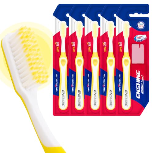 Image of Enshine Advance Clean+ Soft Toothbrush for Adults - Pack of 5 | Ultra Soft Tapered PBT Bristles | Tooth Brush Set with Non-Slip Grip | Manual Toothbrushes for Sensitive Gums & Enamel | Color Yellow