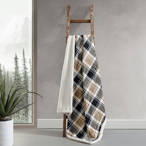 Image of Eddie Bauer - Throw Blanket, Brushed Fleece & Plush Sherpa Bedding, Blanket for Couch & Bed (Rugged Plaid Beige, 50 inch x 60 inch)