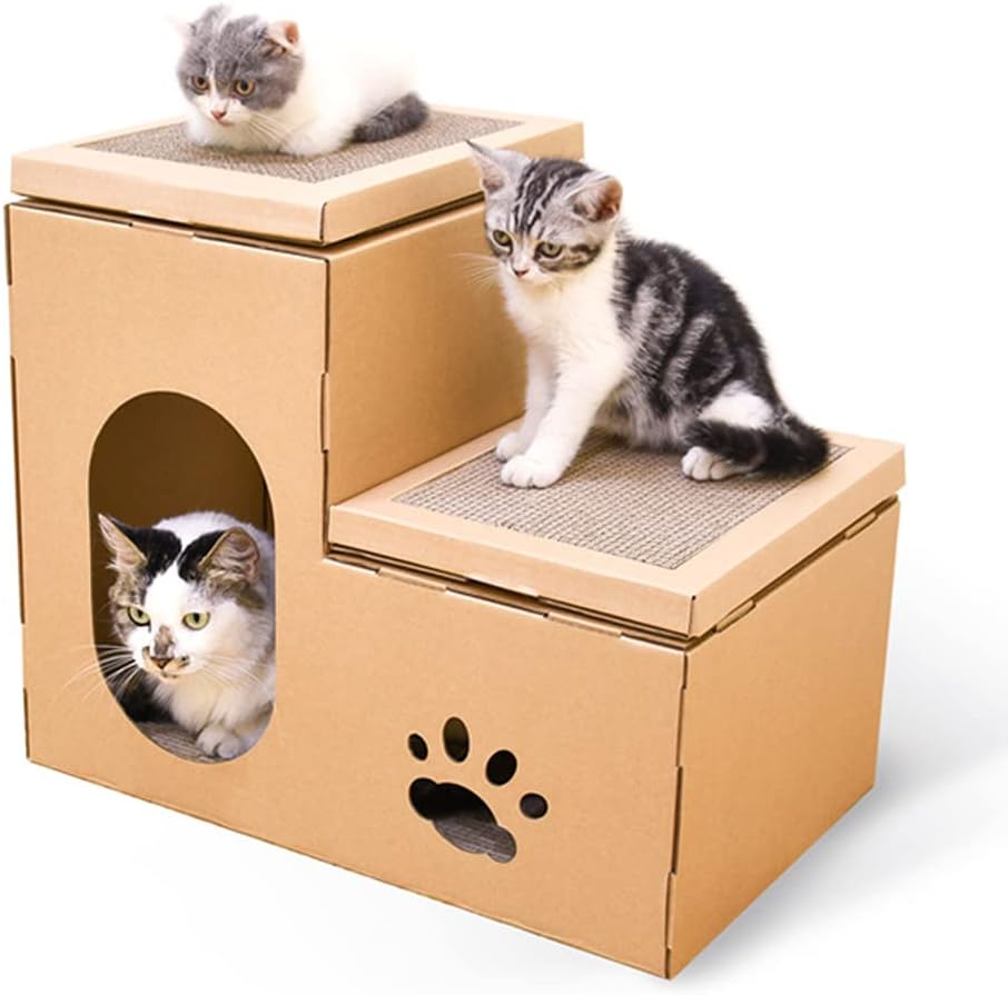 Cat House Pet Supplies Double Ladder Corrugated Paper Cat Scratch Board Cat Litter Claw Toy Cat Pet Supplies Pets Houses Self-Assembled Bed for Indoor Outdoor Kitty