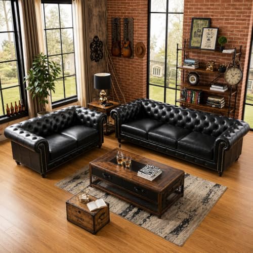 Image of Modern Classic Design Leatherette Luxury Chester Sofa Set with Button Tufted, Sofa for Living Room Set, Home, Office, Hotle and Lobby (Black, 3+2=5 Seater Sofa)