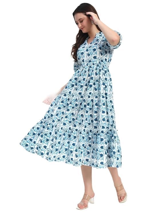 Image of PIDAVLIYA'S Women's Floral Summer Maxi Dress I Cotton Printed I One Piece Bodycon Midi Dress with V-Neck, Puffed Sleeves