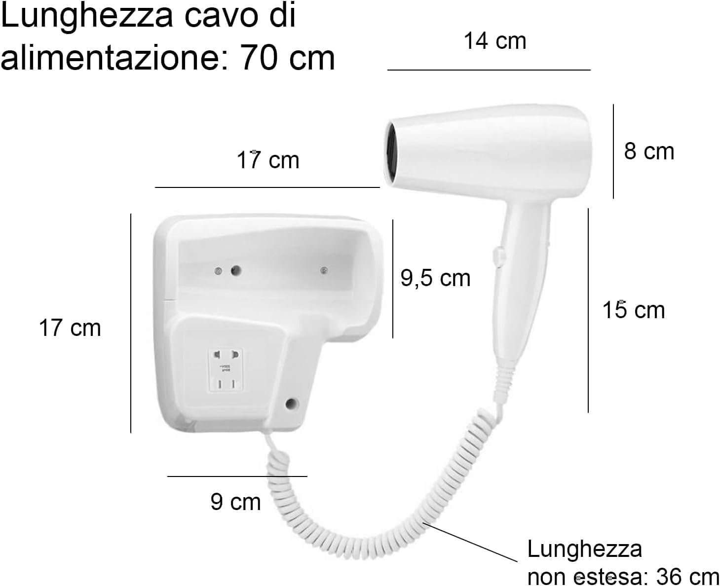 4 pezzi Asciugacapelli da Parete 1300W per Hotel, B&B, Palestra – Phon Professionale con Supporto da Muro, Sicurezza IP21, Presa Rasoi Integrata, Bianco - CW512-4