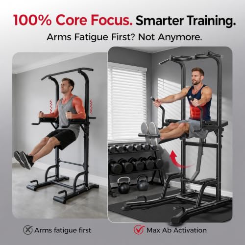 Image of FLYBIRD 800LBS Heavy Duty Power Tower Dip Station, Adjustable Height Pull Up Stand with Crunch Leg Raise, Multifunction Strength Training Equipment for Home Gym Back Workout