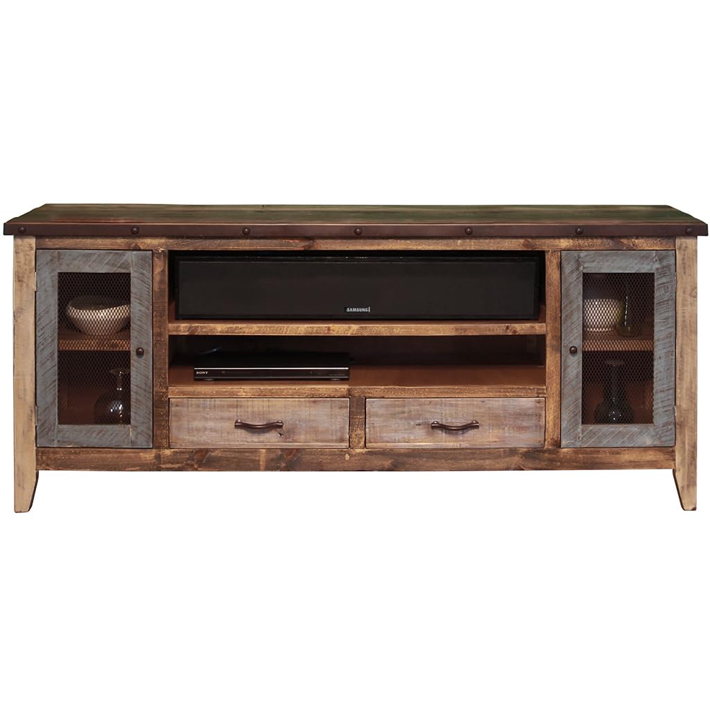 HomeRoots 528764 76 in. Solid Wood Cabinet Enclosed Storage Distressed TV Stand Brown