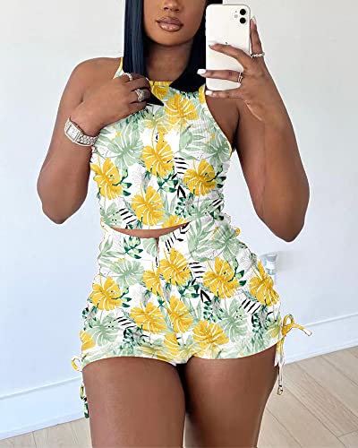 Conjunto de dos piezas para mujer mameluco acanalado amarillo M 6