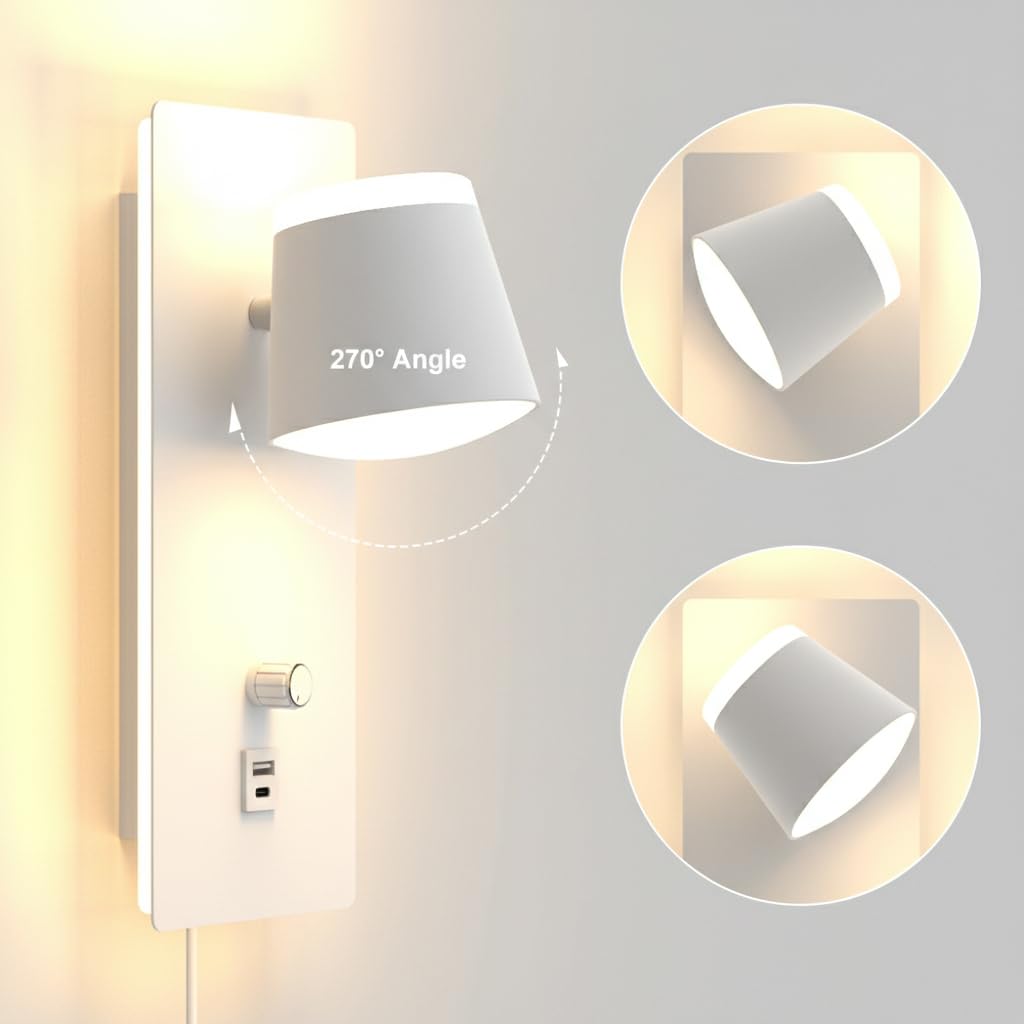 Sytmhoe 25W Dimmbar Wandleuchte Bett mit Stecker Kabel USB-C 3CCT 2 Stück | Matt weiß 2000LM 3000 K 4500 K 6000 K umschaltbar arbeitszimmer Leselicht wandlampe leselampe, steckfertig, mit sanftes licht