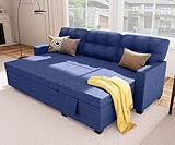Wakefit Reversible Sectional Sofa Couch, Sleeper Sofa Bed with Storage Chaise Pull Out Couch for Living Room | Hidden Stroge | Pull Out Bed | Removable Backrest | Linen Fabric, Blue