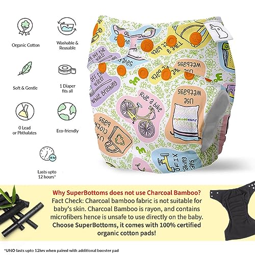 Image of SuperBottoms NEW UNO Freesize Cloth Diaper | Cloth diaper for babies 0 to 3 years | Washable & Reusable cloth diaper | Comes with cloth diaper insert | 1 Diaper and 1 Organic cotton Soaker