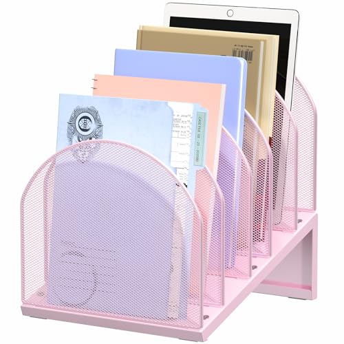 OUTIOE 5-Section Desk File Organizer, Metal Mesh Folder Organizer for Documents, Mail & Office Papers (Pink)