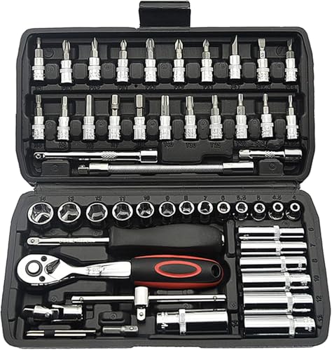 Image of KBZONE Socket Wrench Set, 53PCS 1 /4 Inch Ratcheting Wrench Set And Extension Bar Gimbal Slide Bar Extension Sockets, Set For Automotive Repair And Home Use (Black)