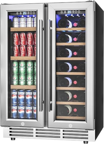 Icyglee 24' Wine and Beverage Refrigerator, Dual Zone Wine Cooler with Glass Door, Hold 88 Cans and 21 Bottles, Built in or Freestanding Under Counter Wine Fridge with Blue LED Light.