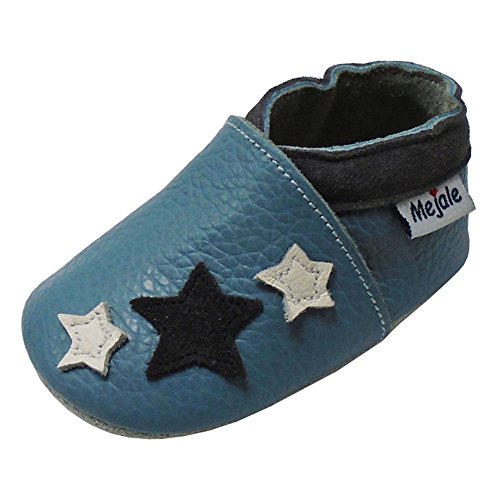 Mejale Hausschuhe aus weichem Leder für Kinder, Hausschuhe für erste Schritte ohne Cartoon, Schmetterling, - himmelblau - Größe: 12-18 mois Cover