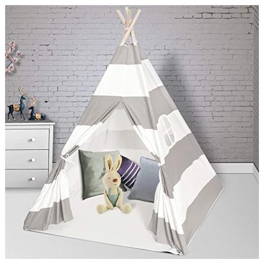 Wilhunter Teepee Play Tent for Kids with Floor Mat & Window & Carry Bag, Foldable Canvas Teepee Gifts for Baby or Toddlers, Toys for Boys and Girls Indoor Outdoor Playhouse (Grey & White Stripe)