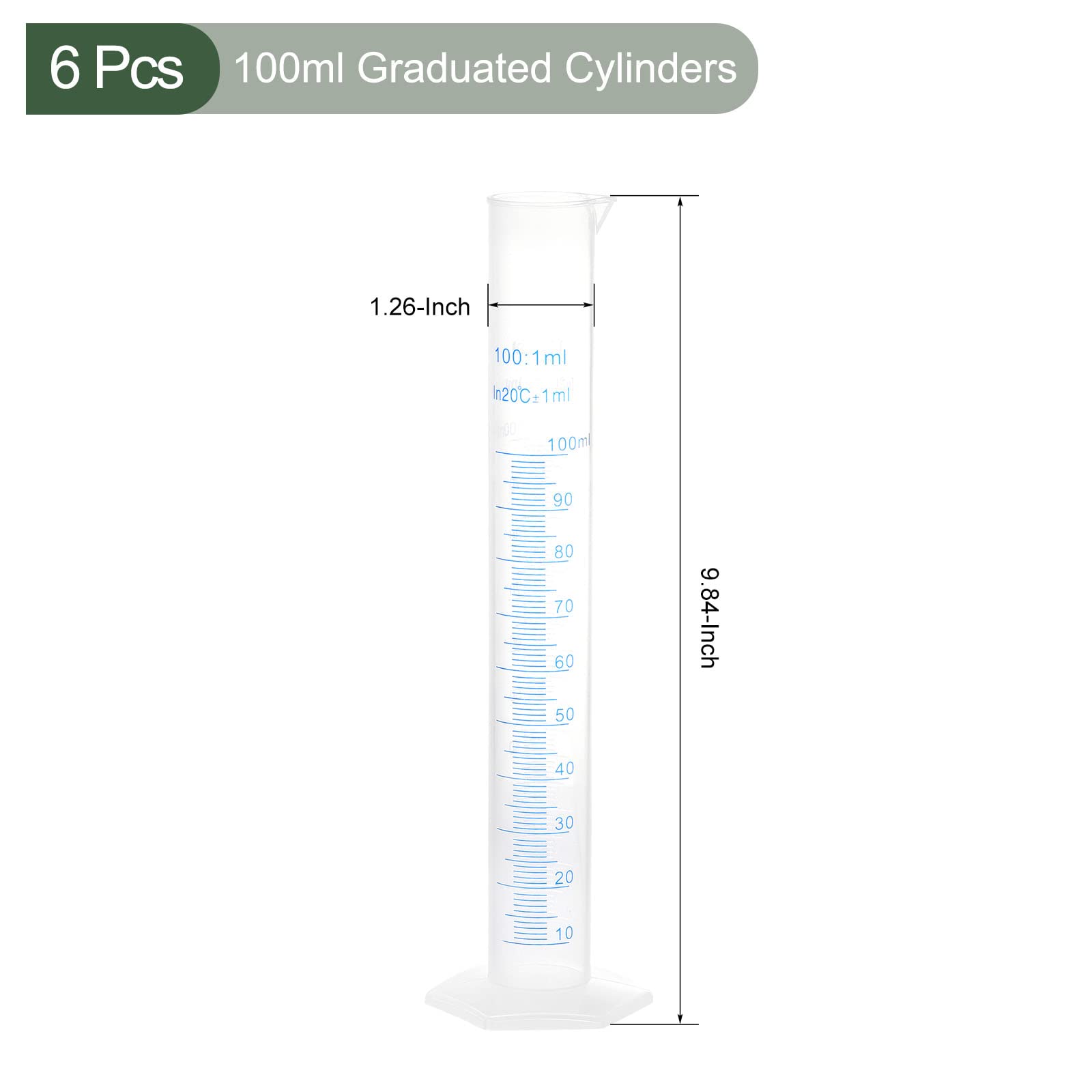 Przezroczysta kolba miarowa z podziałką, 6 sztuk plastikowych cylindrów miarowych o pojemności 100 ml