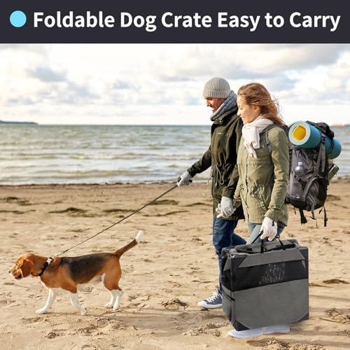30 Inch Portable Travel Dog Crate, 3 Door Collapsible Soft Pet Kennel with Durable Mesh Windows for Medium Dogs, Foldable Dog Cage with Storage Pocket for Outdoor (Dark Grey) - Image 3